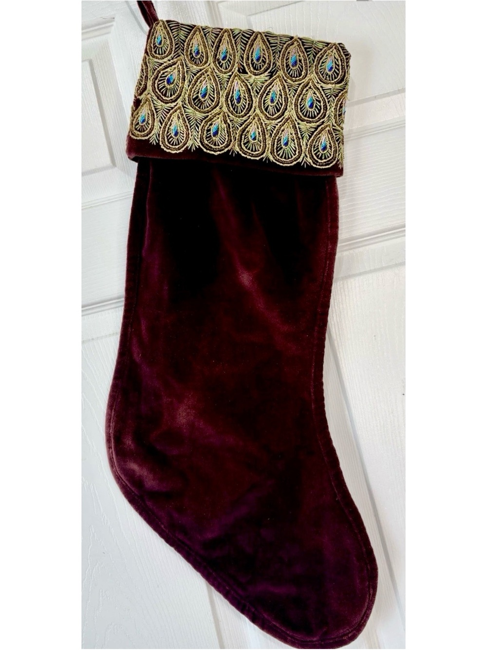 Bombay Co Plum Burgundy Velvet Christmas Stocking Embroidered Peacock Feathers